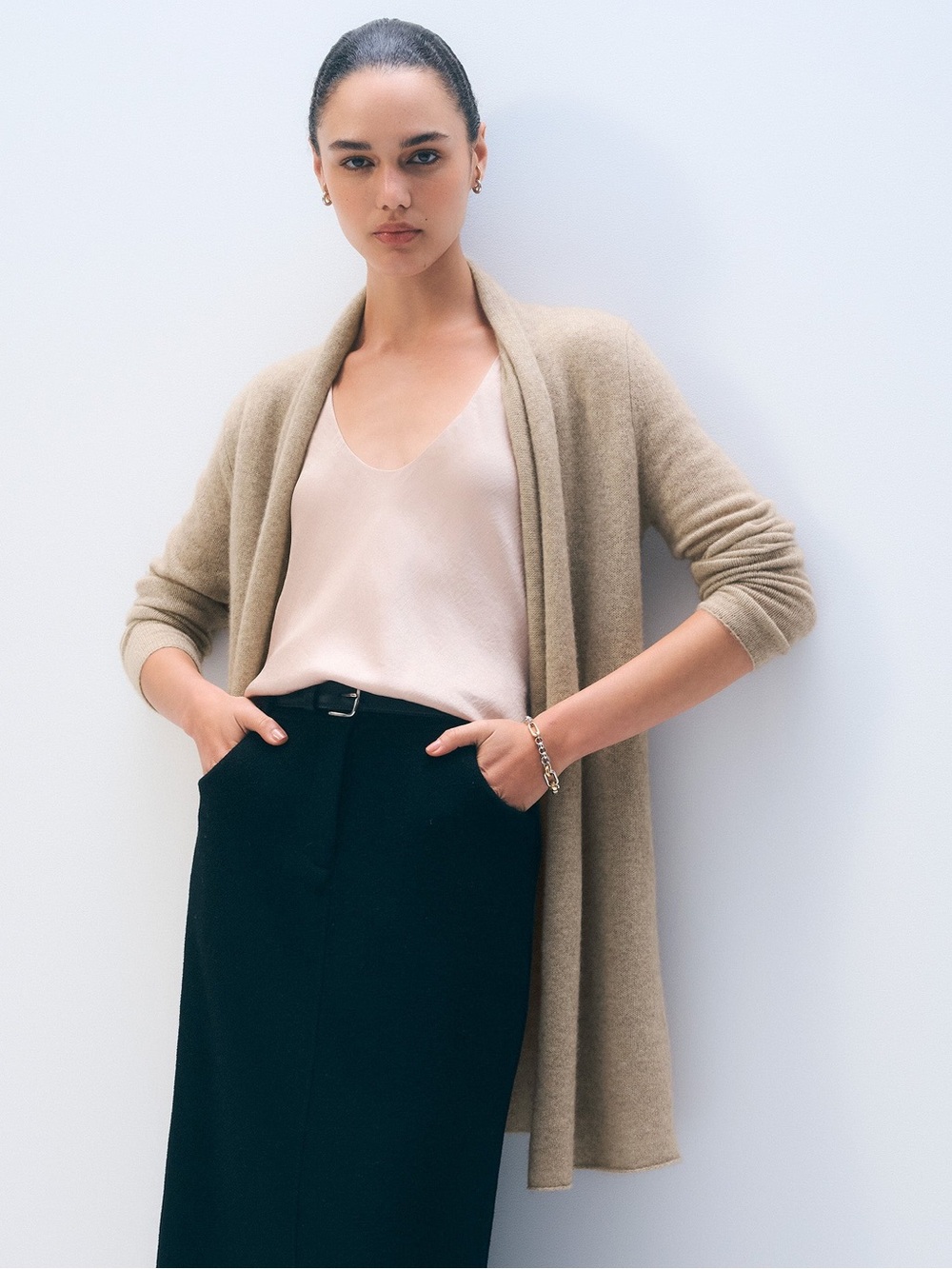 White + Warren Cashmere Trapeze Cardigan Sweater Taupe Heather Tan Medium $385